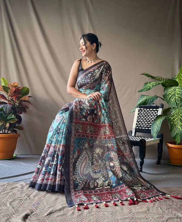 Baby_Blue_Soft_Cotton_Kalamkari_Print_Saree_With_Blouse_Piece_Attached